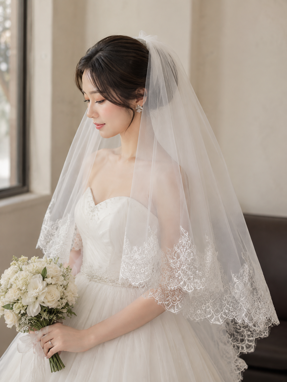 瑪妮 新娘飾品 新娘頭紗 雙層 蕾絲氣質 婚禮短頭紗