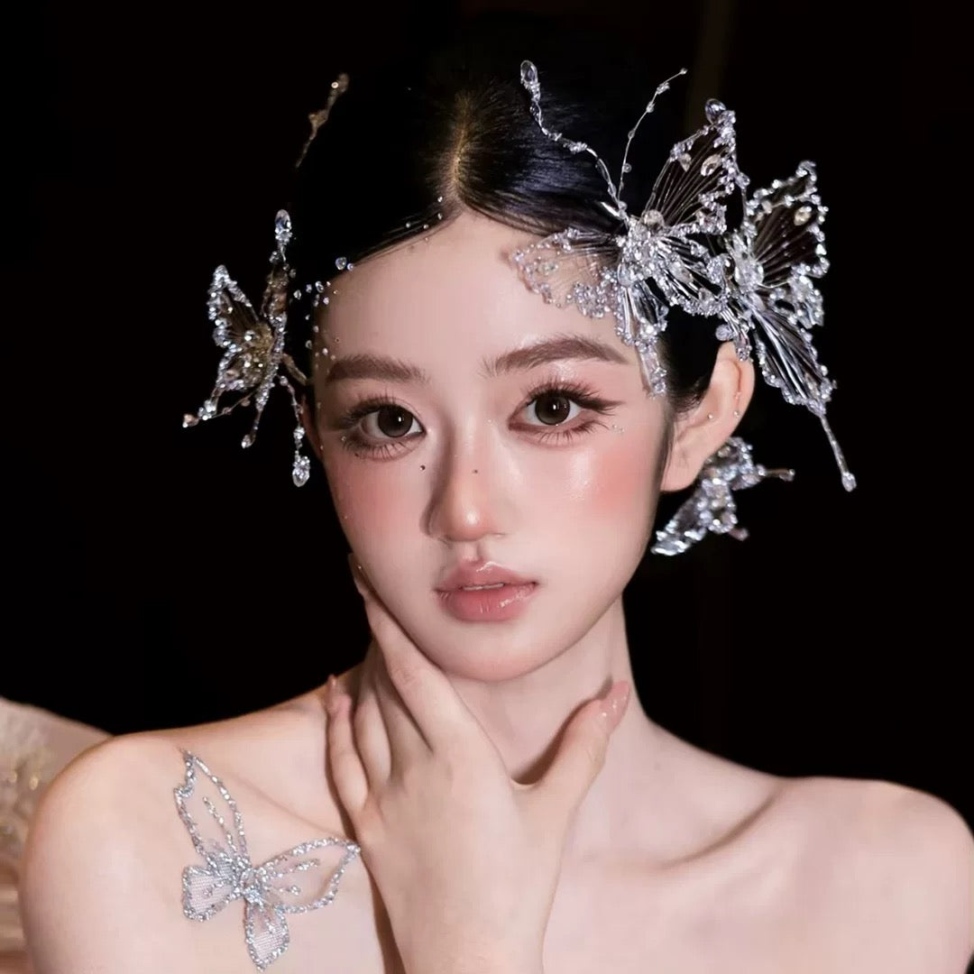 瑪妮 新娘頭飾 白紗小紅書仙女 鏤空蝴蝶鑽髮夾組abu