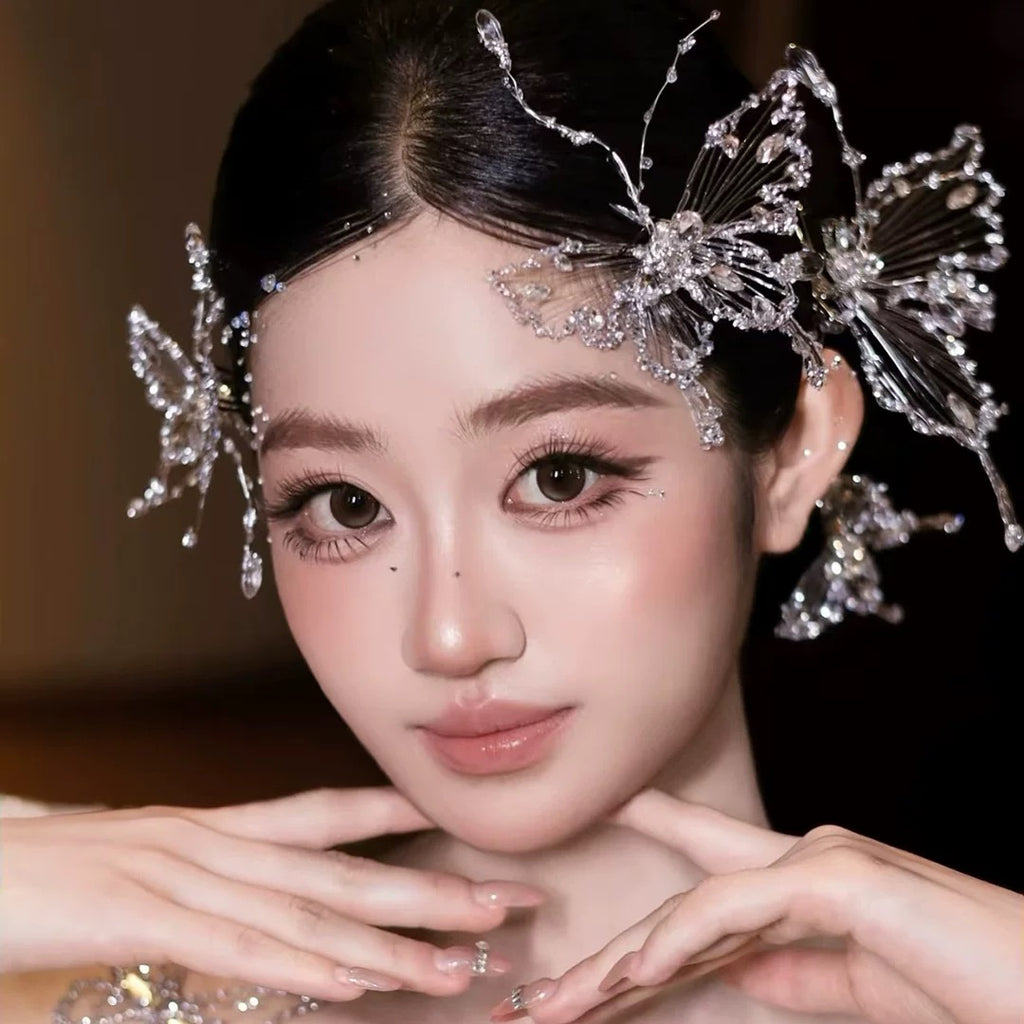 瑪妮 新娘頭飾 白紗小紅書仙女 鏤空蝴蝶鑽髮夾組abu