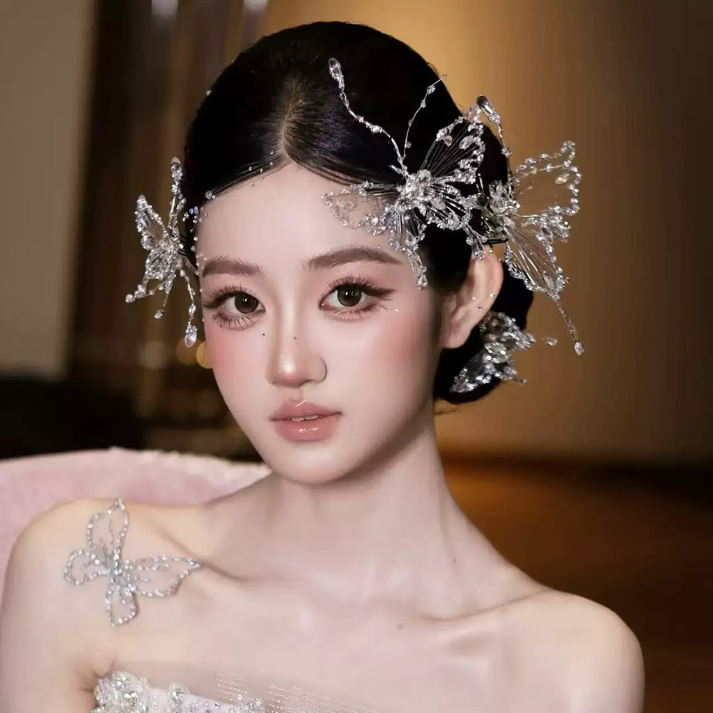 瑪妮 新娘頭飾 白紗小紅書仙女 鏤空蝴蝶鑽髮夾組abu