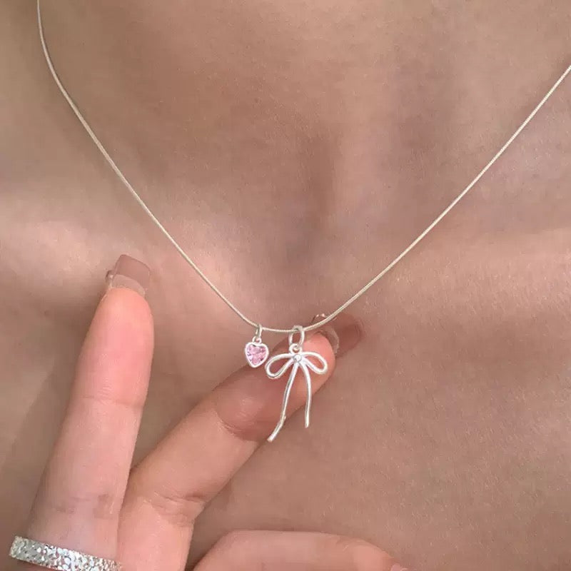 瑪妮飾品 s925純銀項鍊 蝴蝶結鑽愛心鎖骨鏈 生日禮 新娘項鍊